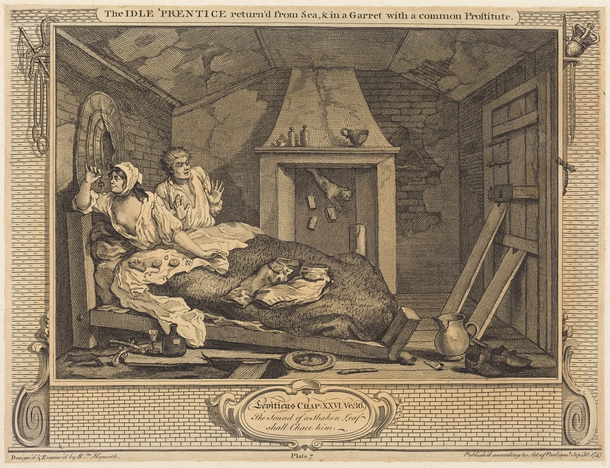 The Idle 'Prentice return'd from Sea & in a Garret with a common Prostitute, by William Hogarth, ink, 1747
