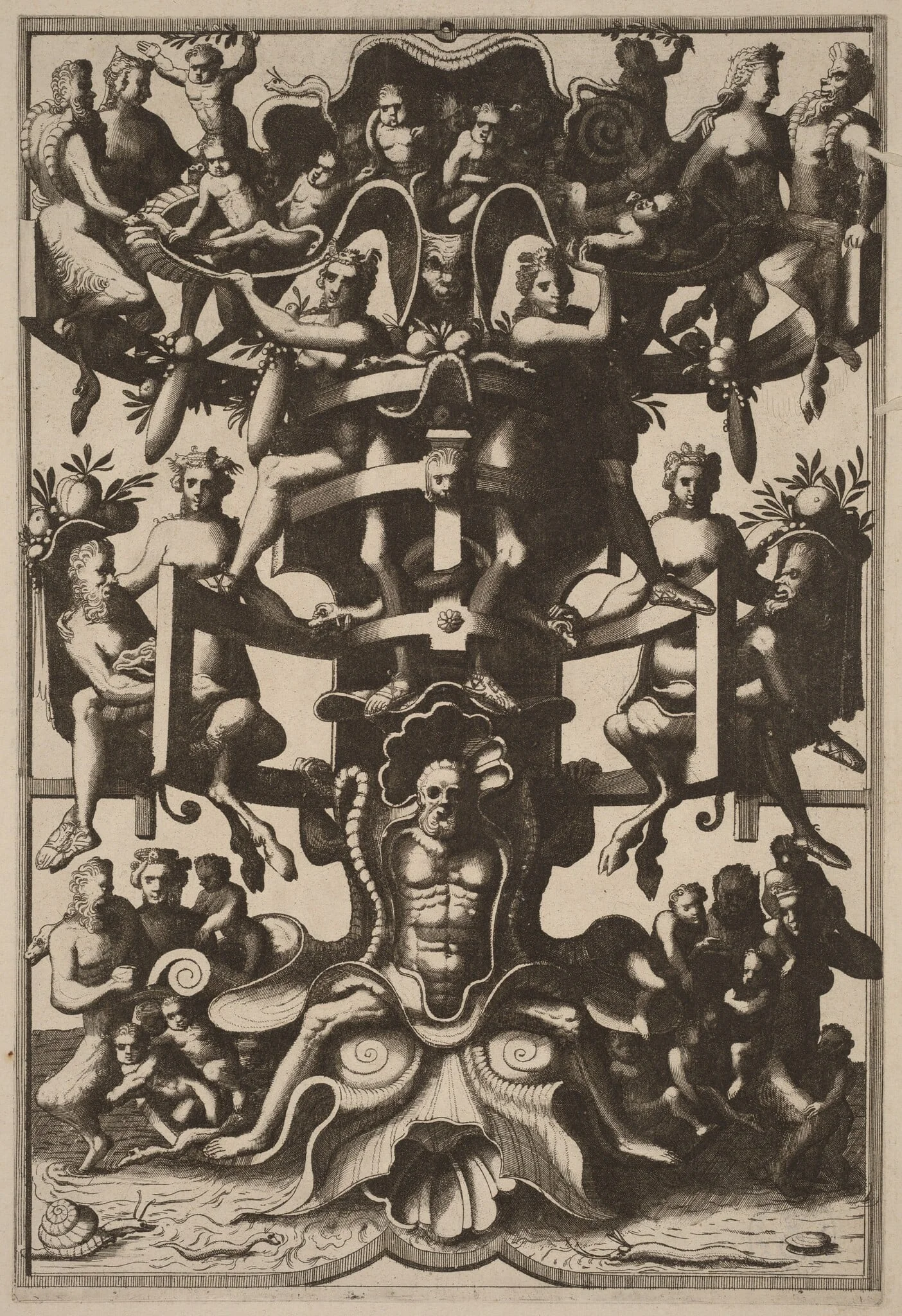 Man Sitting on an Auricular Mask, Supporting a Strapwork Frame on his Shoulders, by Johannes van Doetechum the Elder, ink, 1557