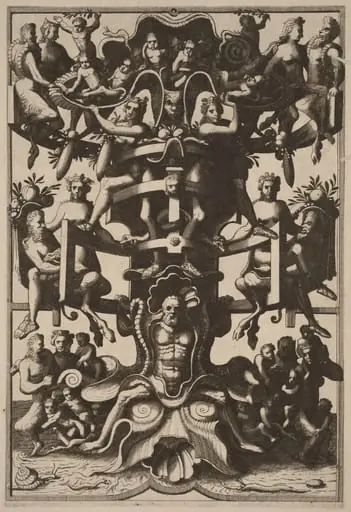 Man Sitting on an Auricular Mask, Supporting a Strapwork Frame on his Shoulders