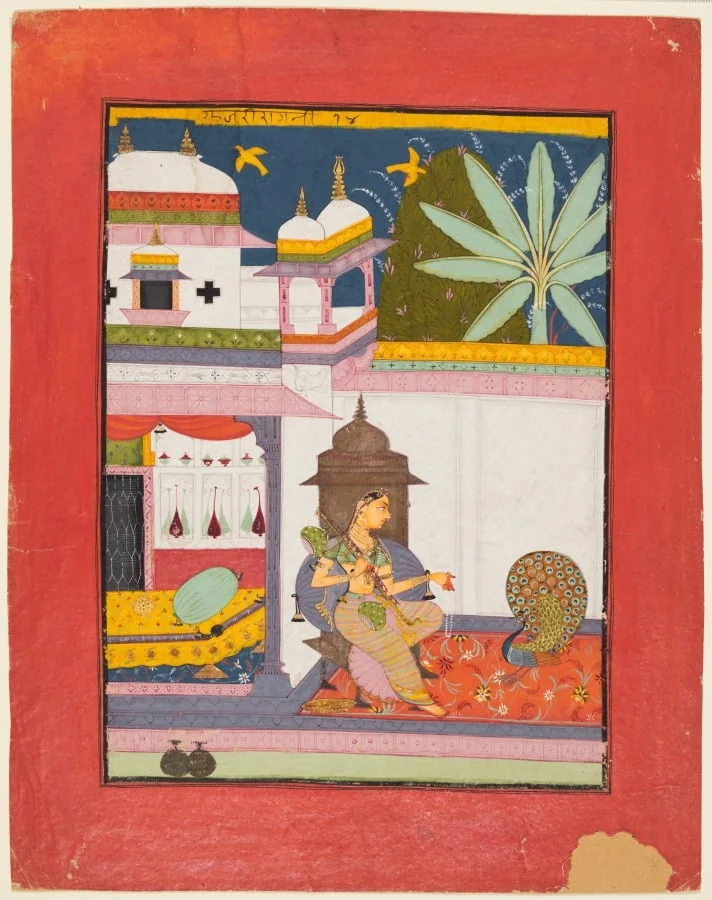 Woman Addressing a Peacock: Gujari Ragini of Megh, from a Ragamala, by Unknown, unspecified, 1680