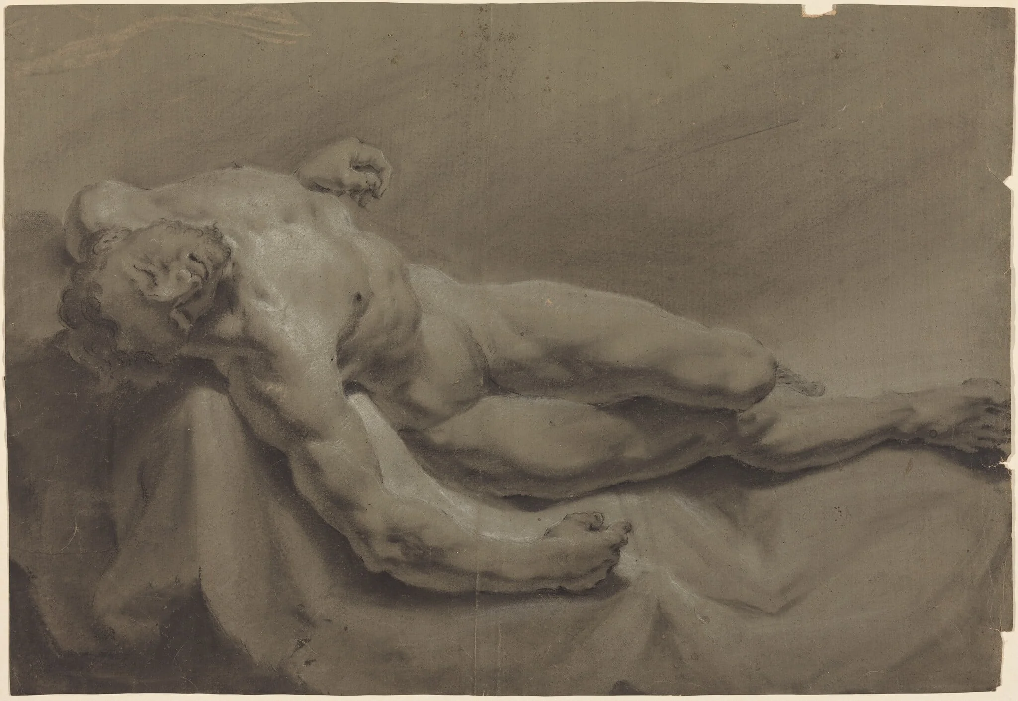 A Reclining Male Nude, by Georg Raphael Donner, chalk, 1717