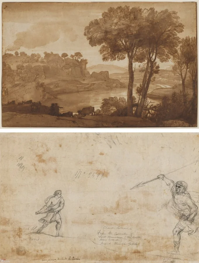 View of the Acqua Acetosa (recto); David and Goliath (verso), by Claude Lorrain, 1645