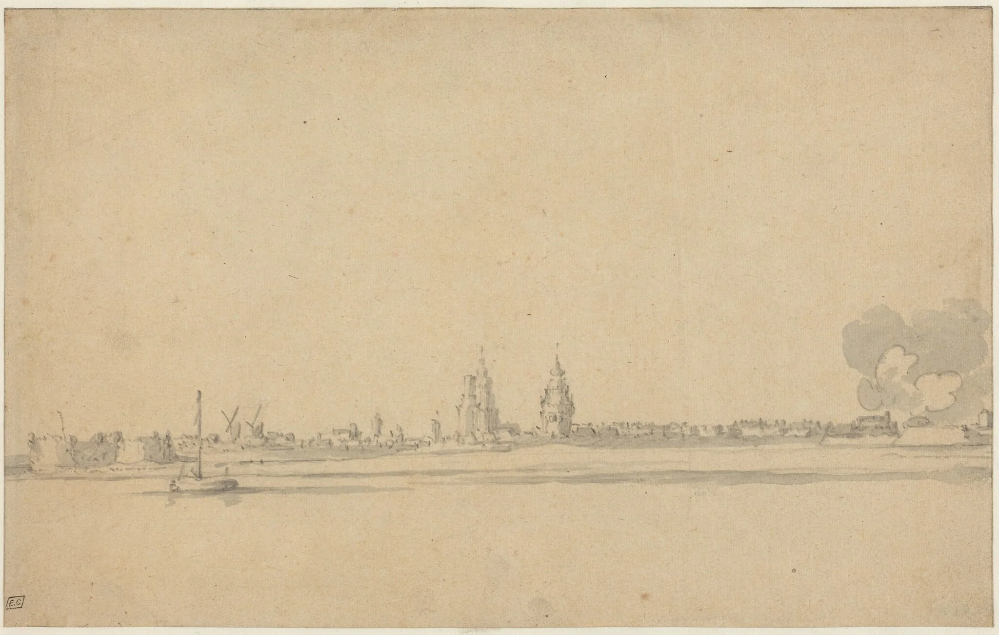 View of a Dutch Town (Delft?), by Velde, Willem van de, the Younger, graphite, 1670
