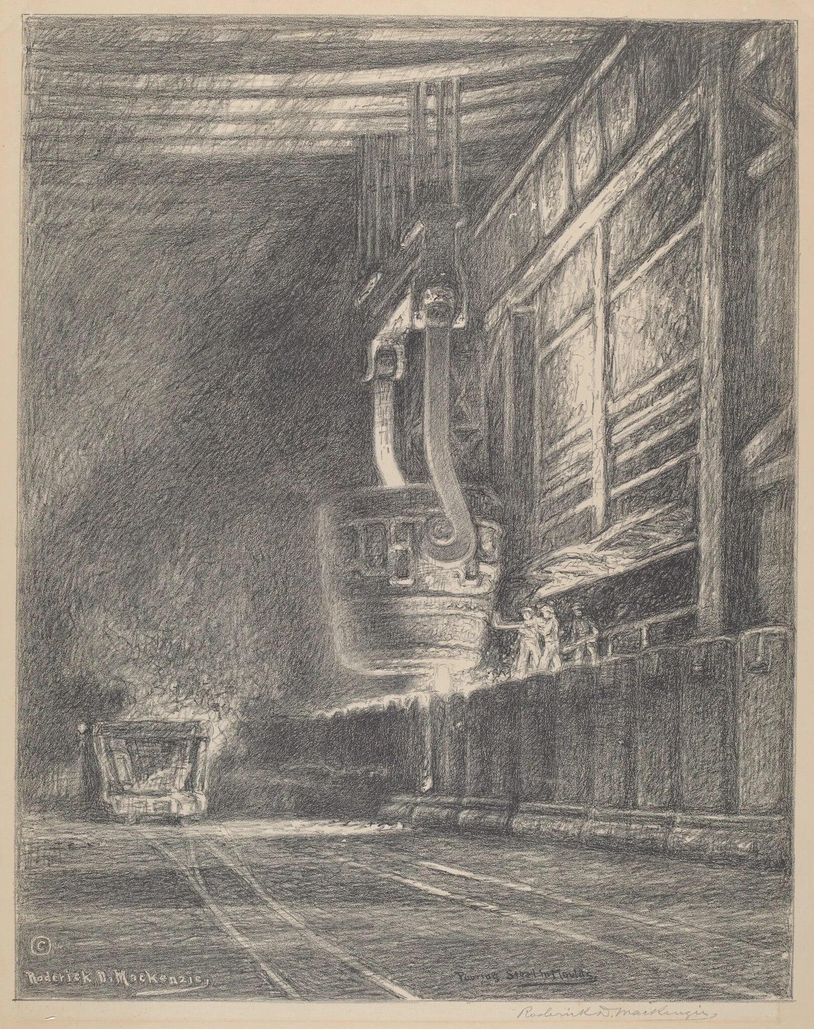 Pouring Steel In Moulds, by Roderick D. MacKenzie, ink, 1922