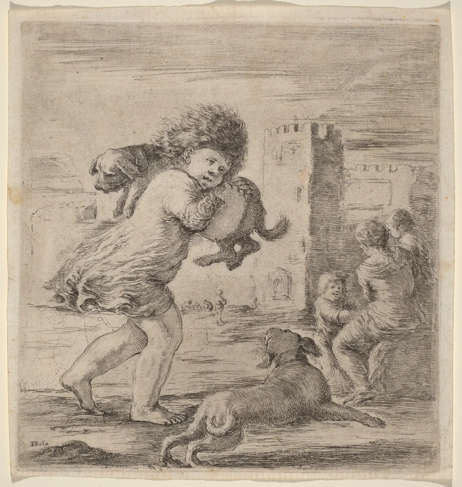 Child Carrying a Puppy, by Stefano Della Bella, ink, 1637