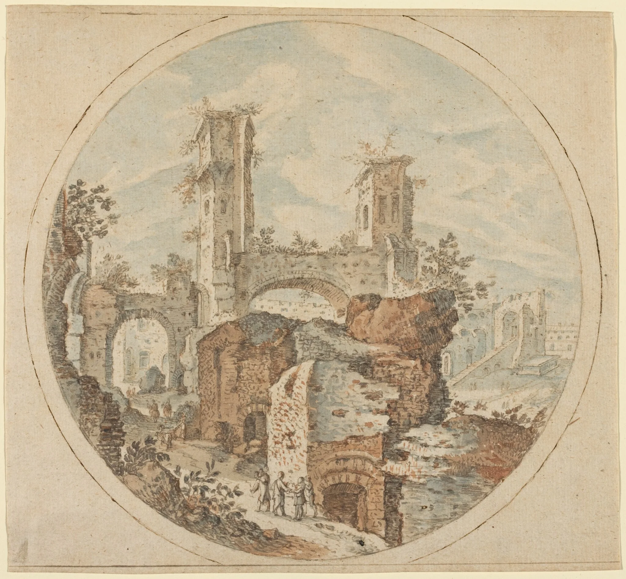 Travellers among Roman Ruins, by Pieter Stevens, ink, 1596