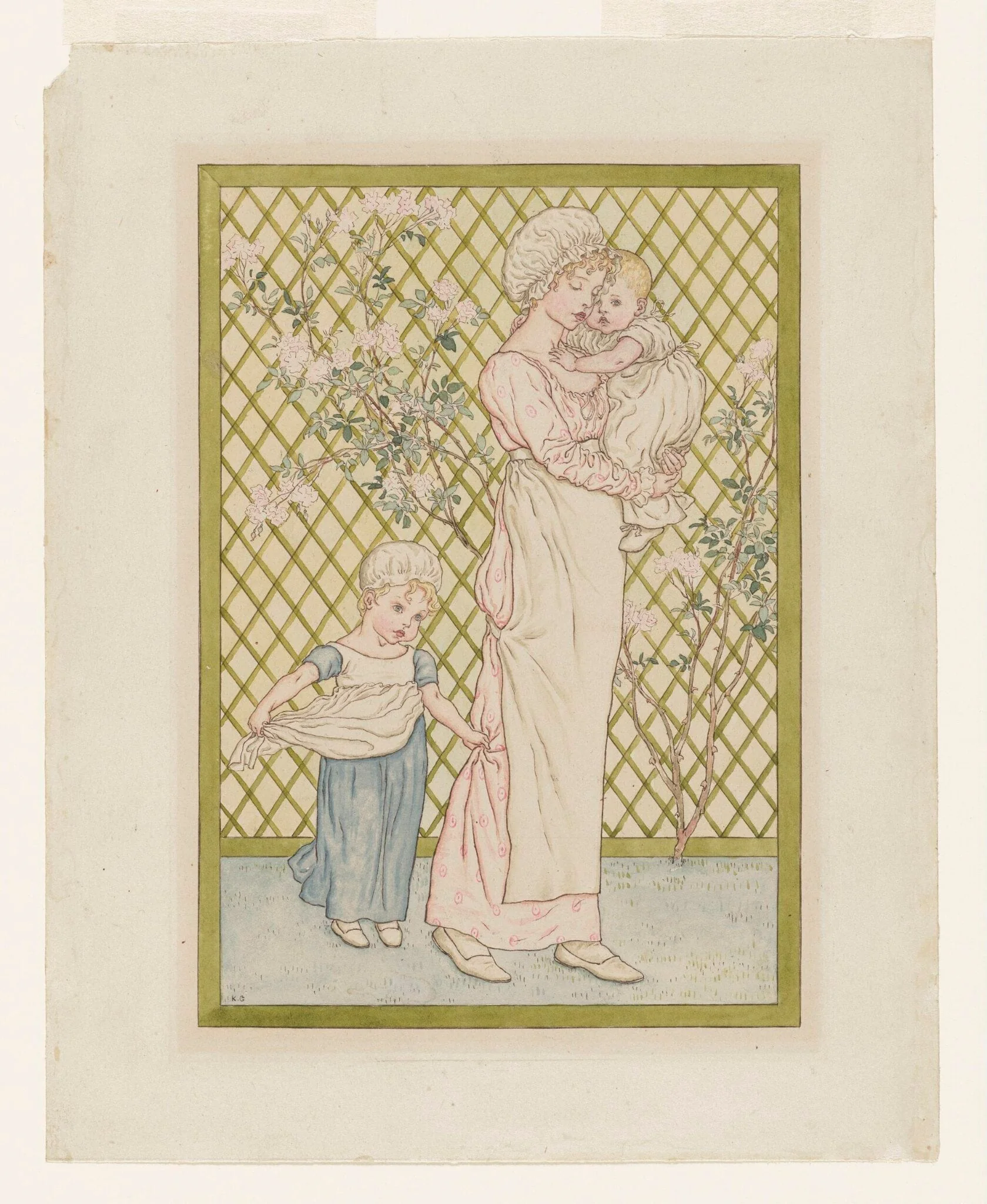 Girls and Two Babies, illustration to A Day in a Child's Life, by Unknown, watercolor, 1846