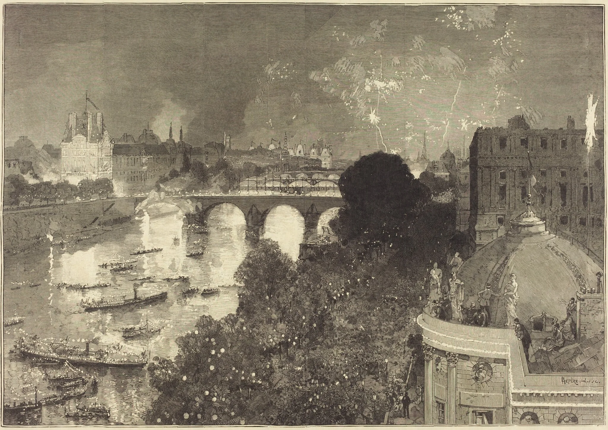 Le 14 Juillet.  Illumination de la Seine du Pont Neuf au Pont au Change, by Auguste Lepère, ink, 1882