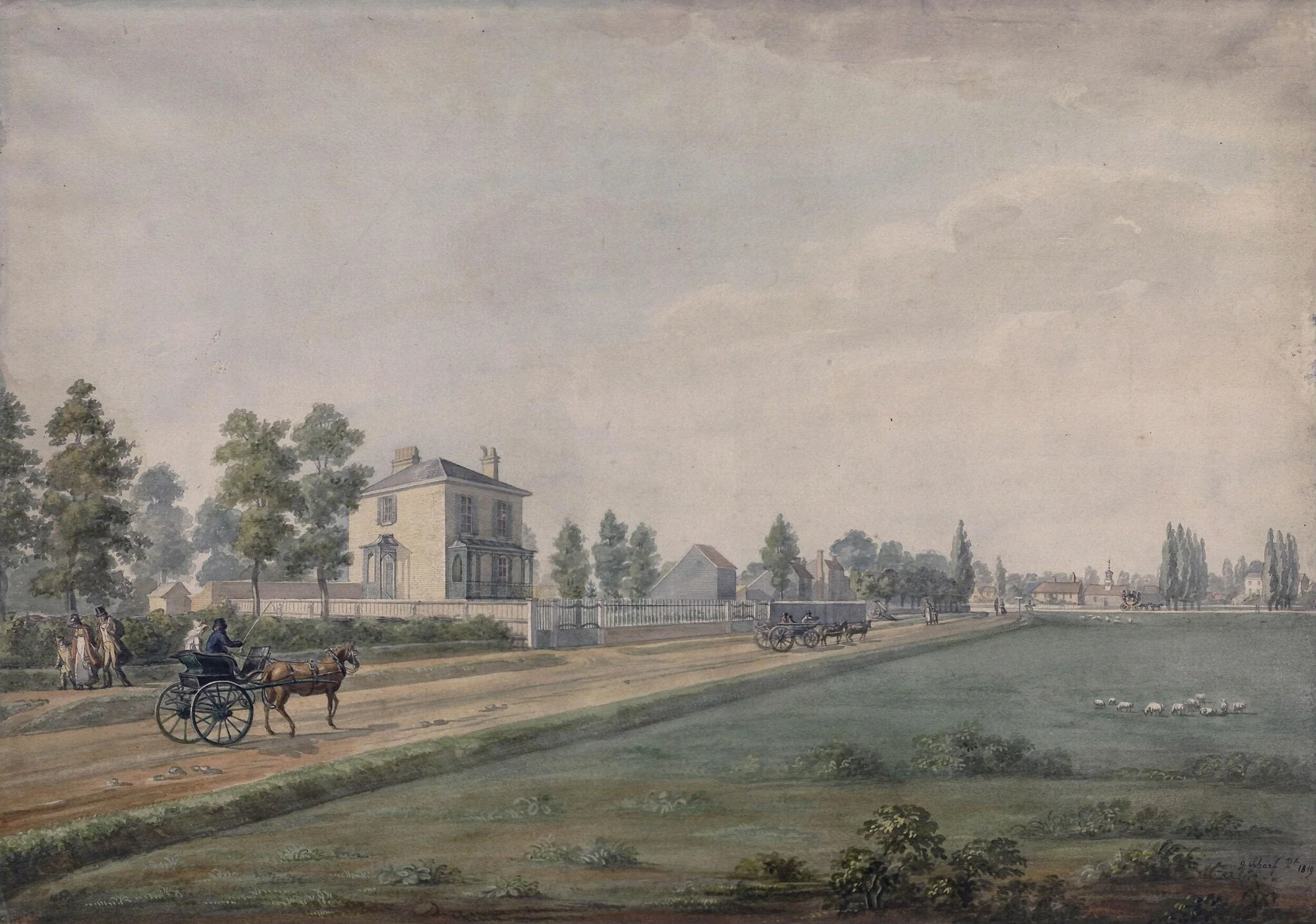 Mitcham Common, Surrey, shewing the road running along the west side, by George Scharf, watercolor, 1819