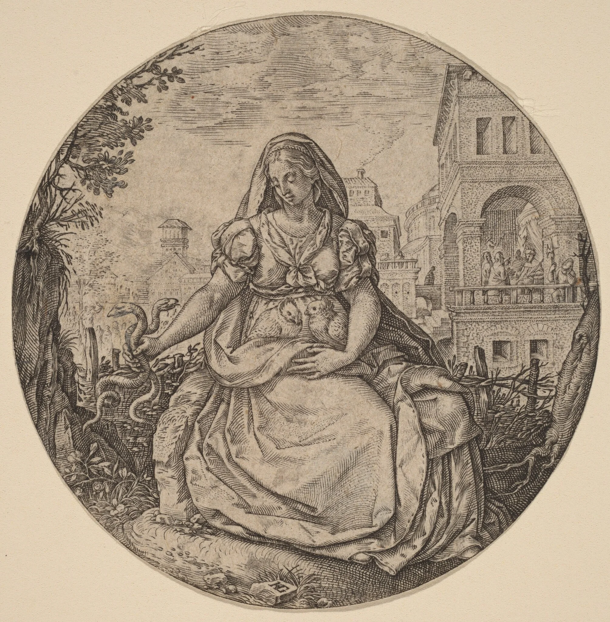 Allegory of Prudence, by Hendrik Goltzius, ink, 1586