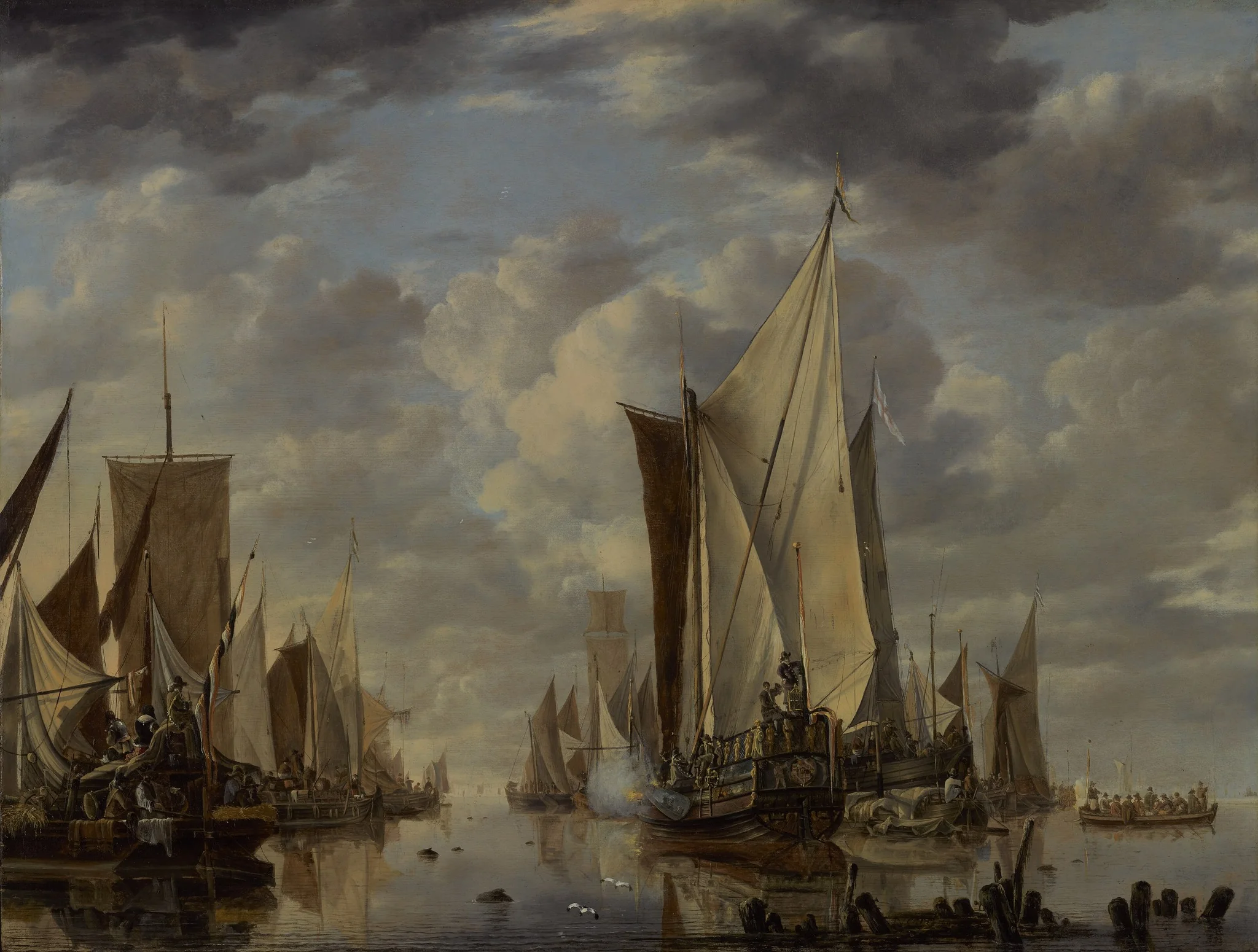 Shipping in a Calm at Flushing with a States General Yacht Firing a Salute, by Jan van de Cappelle, oil, 1649
