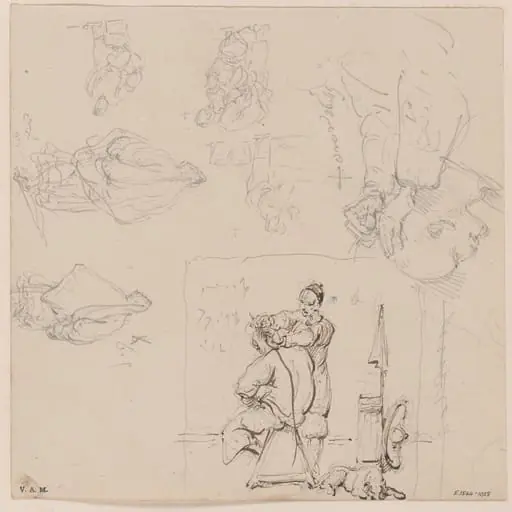 A barber and customer, and other figure sketches