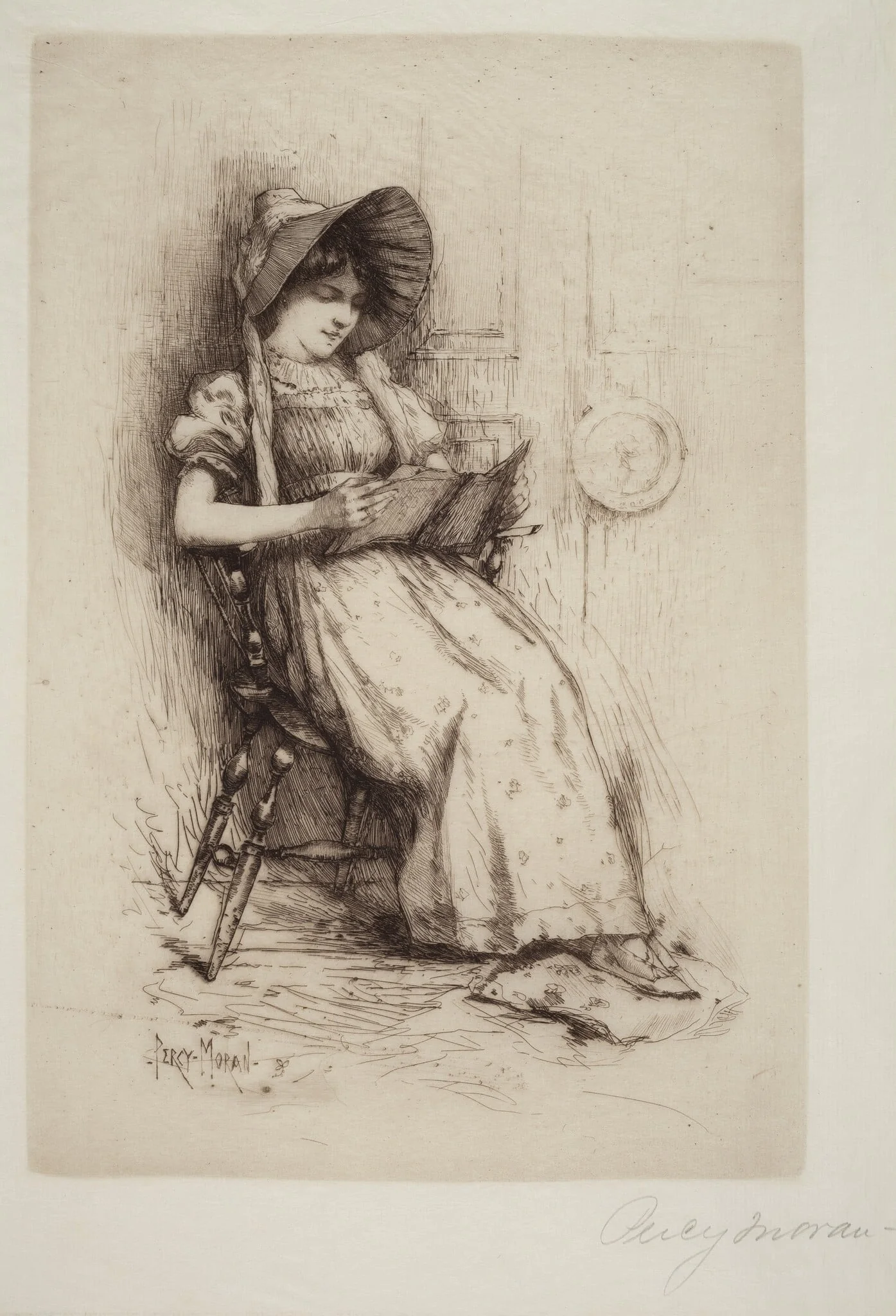 Untitled (Young Girl With Hat, In Chair, Reading), by Edward Percy Moran, ink, 1884