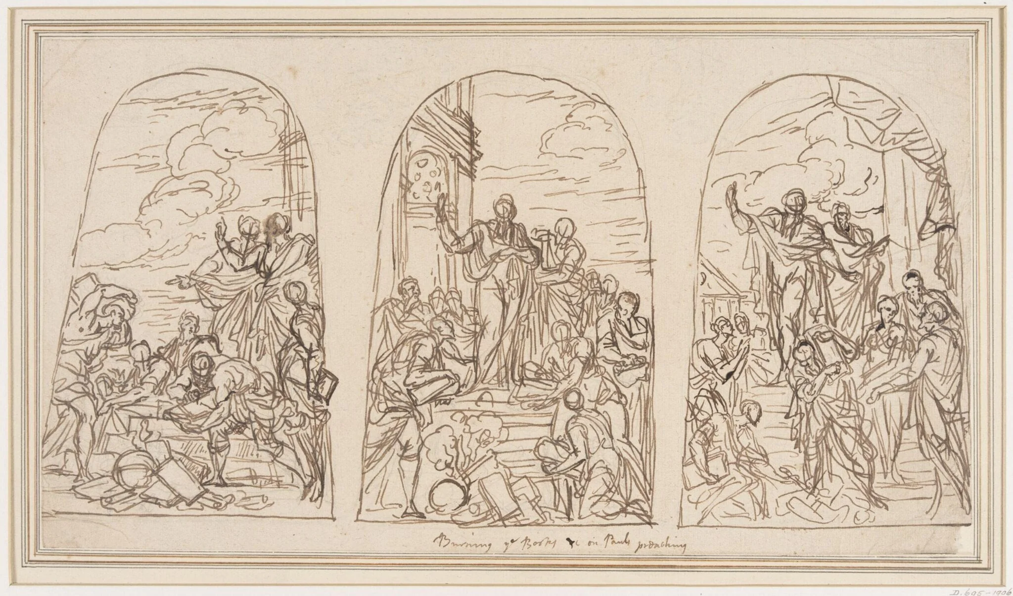 Three preparatory studies for the Burning of the Books at Ephesus, by James Thornhill, 1715