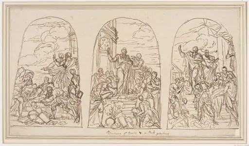 Three preparatory studies for the Burning of the Books at Ephesus