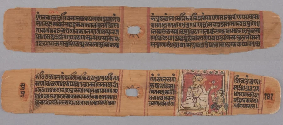 Folio 141, from a Kalpa-sutra and Story of Kalakacharya: Text (recto); Monk Holding a Flower Venerated by a Lay disciple (verso), by Unknown, unspecified, 1287