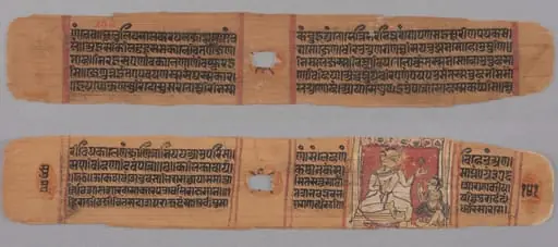 Folio 141, from a Kalpa-sutra and Story of Kalakacharya: Text (recto); Monk Holding a Flower Venerated by a Lay disciple (verso)