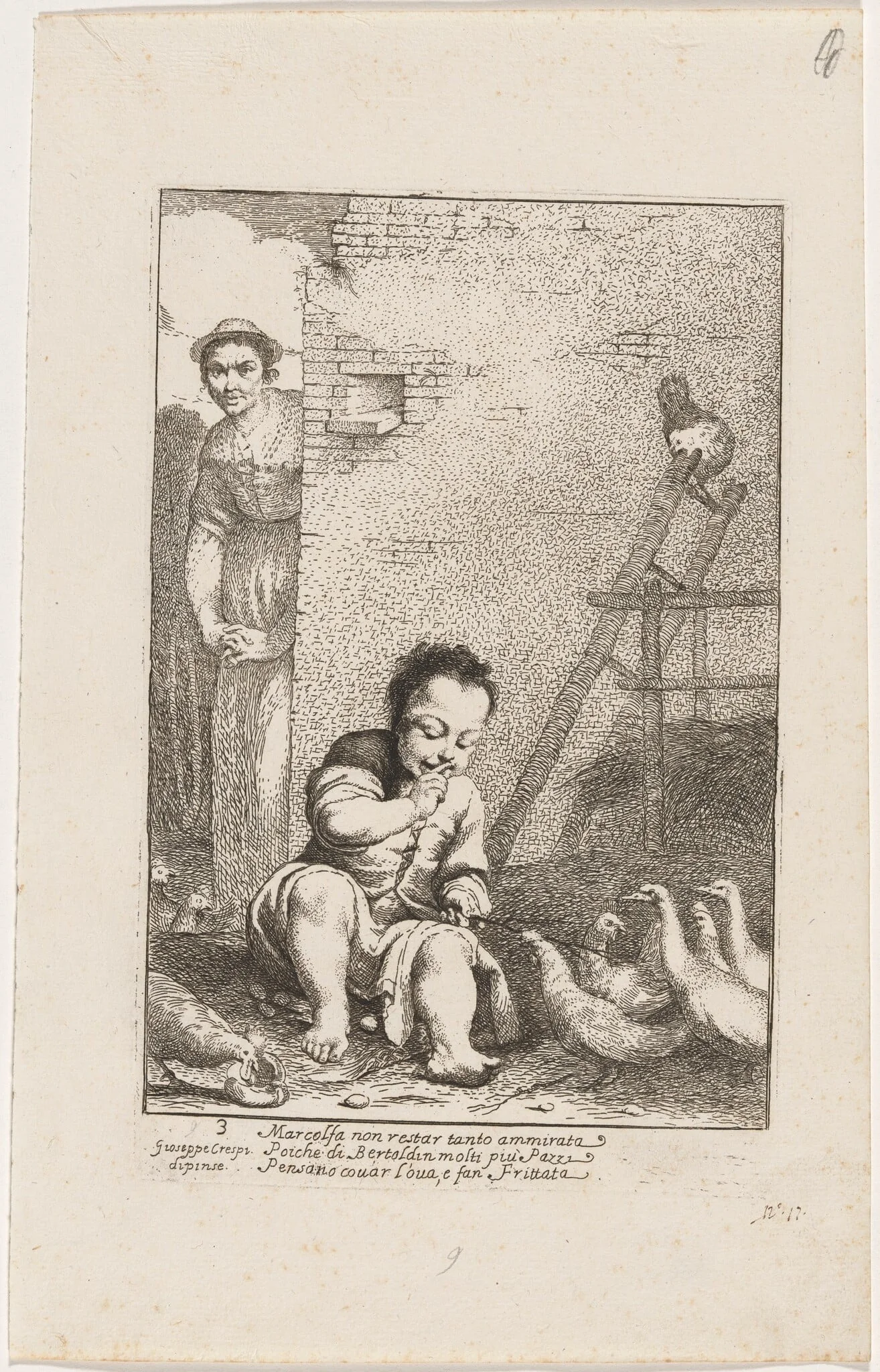 Marcolfa Sees Bertoldino Hatching Eggs, by Giuseppe Maria Crespi, ink, 1712
