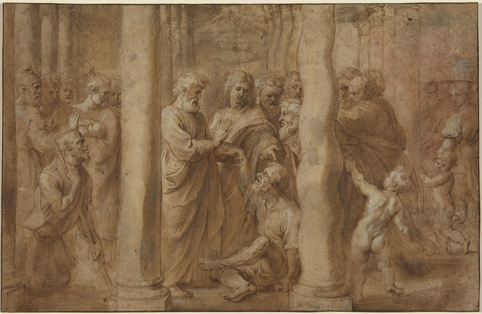 The Miracle of the Lame Man Healed by Saint Peter and Saint John, by Peter Paul, Sir Rubens, ink, 1607