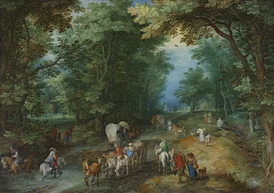 Wooded landscape with a road near to a fordable pond