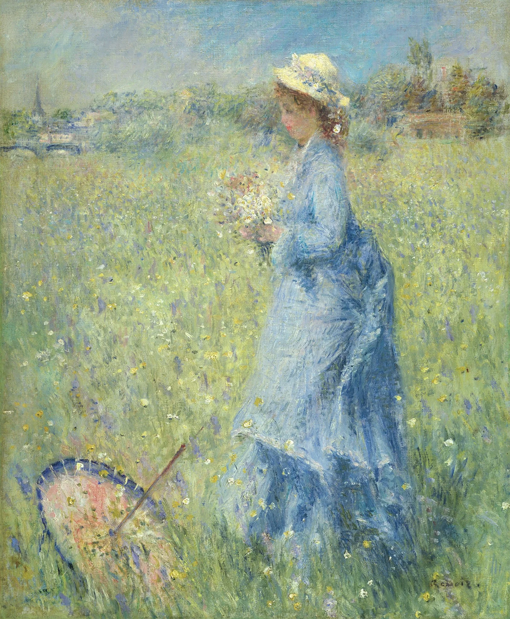 Woman picking flowers, by Auguste Renoir, oil, 1872