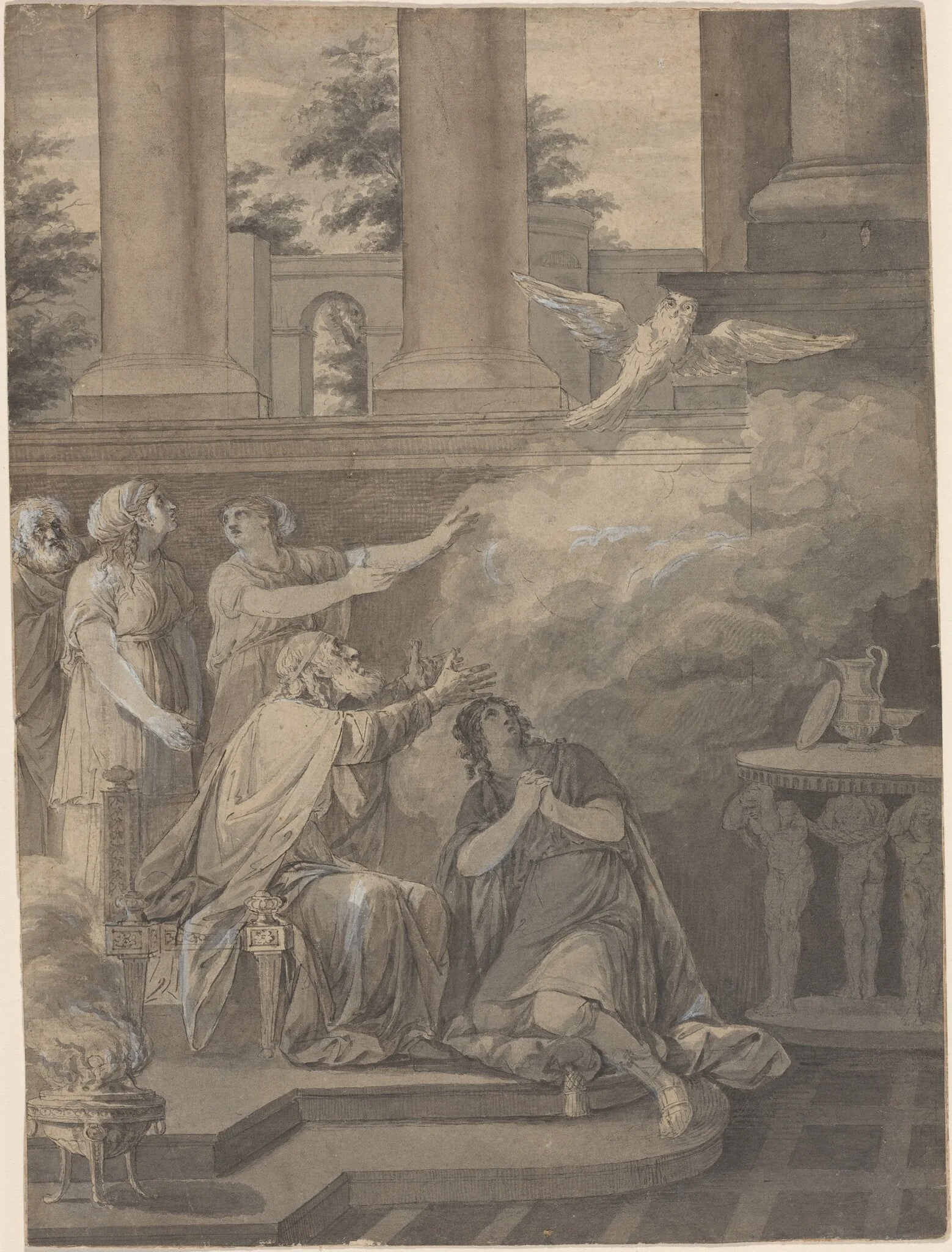 Pallas Athene in the Form of a Bird Leaving Nestor and Telemachus, by Jean-Jacques-François Le Barbier I, ink, 1780