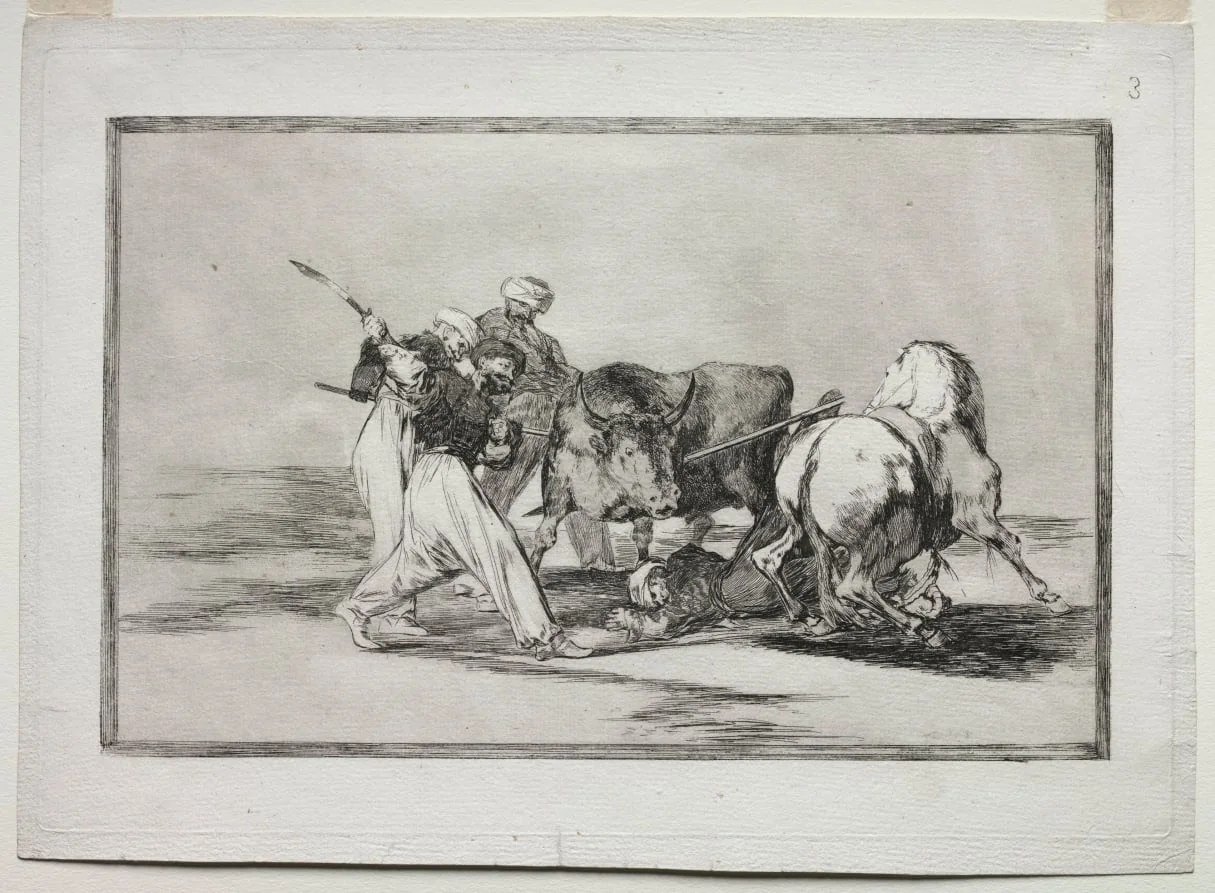 The Moors Settled in Spain, Giving Up the Superstitions of the Qur'an, Adopted this Art of Hunting, and Spear a Bull in the Open, by Francisco Goya, 1816