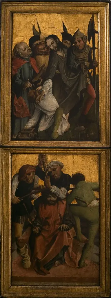 Annunciation, Adoration of the Shepherds (carved obverse); Capture of Christ, Crowning with Thorns (painted reverse). Inner left wing of the altar retable from Lusina