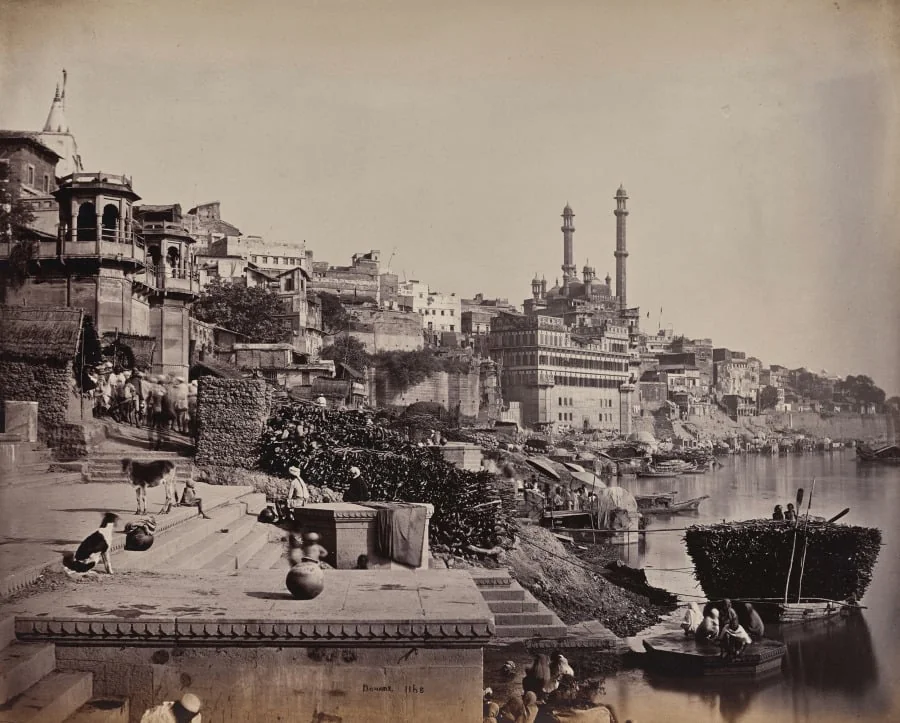 The City of Benares, on the Ganges, View of the Great Mosque of A (?) and Adjoining Landing Places, by Samuel Bourne, 1866