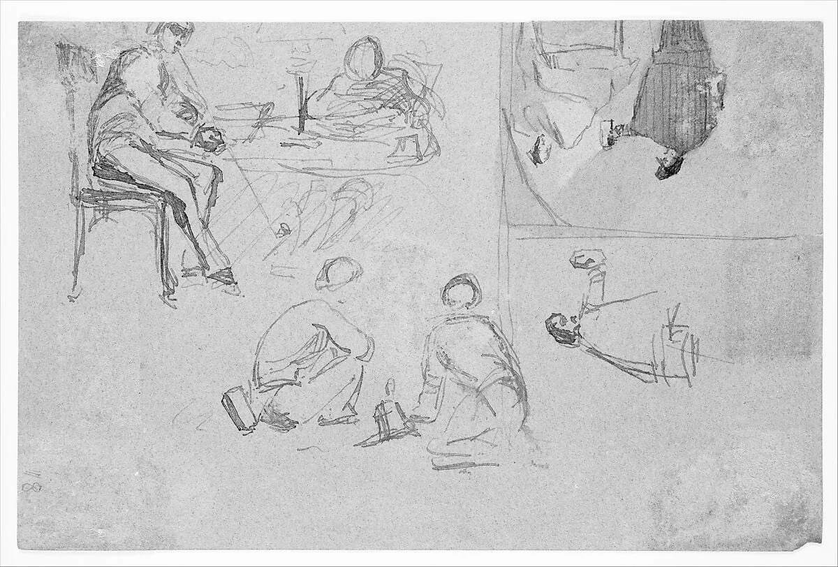 Four sketches (from Sketchbook), by James McNeill Whistler, gouache, 1854