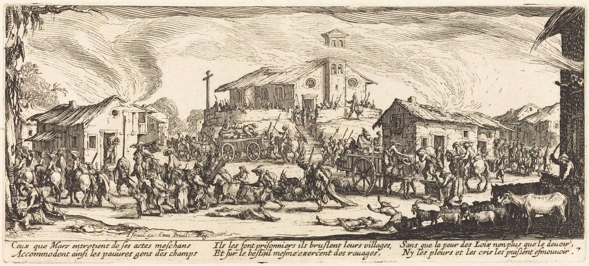Plundering and Burning a Village, by Jacques Callot, ink, 1633