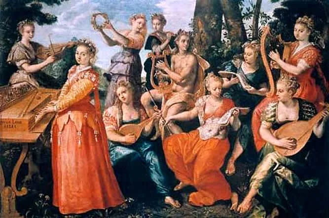 Apollo and the Muses, by Maerten de Vos, oil, 1570