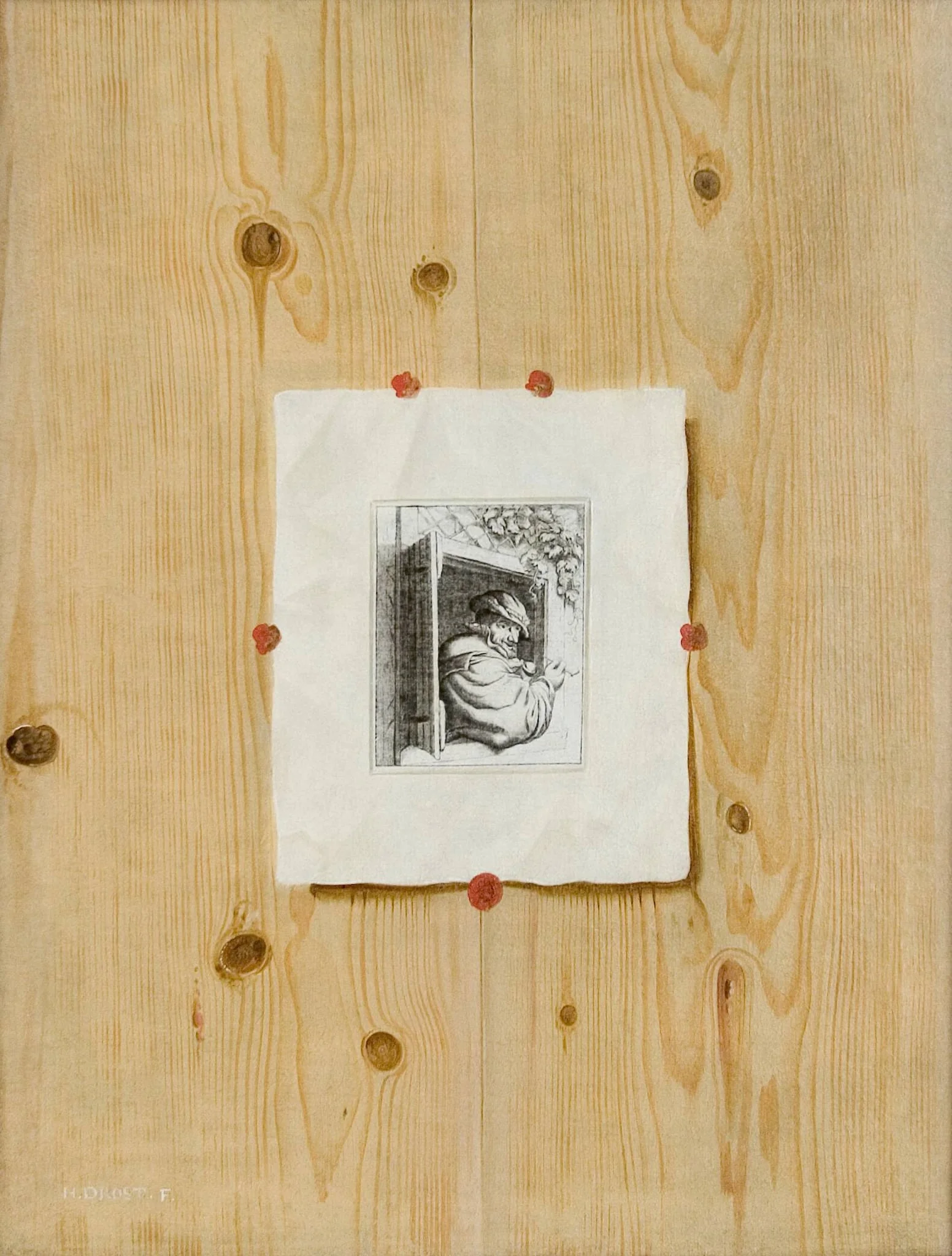 Trompe l'Oeil. Board with an Etching of a Man with a Pipe, by Unknown, 1650