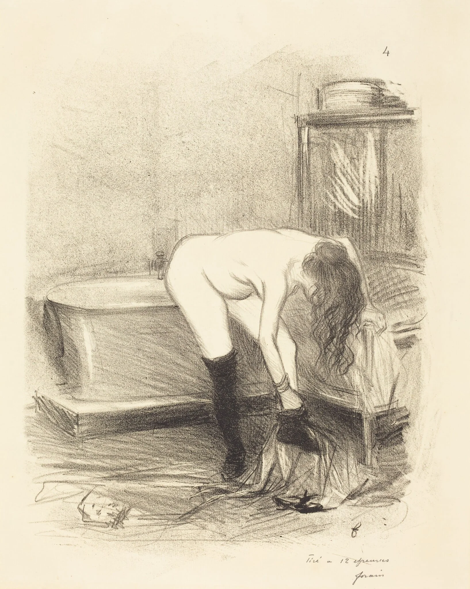Le bain (planche en hauteur) (The Bath) (vertical plate), by Jean-Louis Forain, ink, 1896