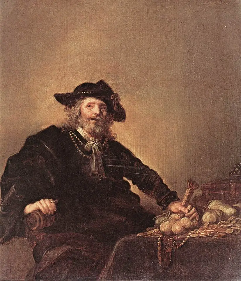 Old man seated at a table laid with coins