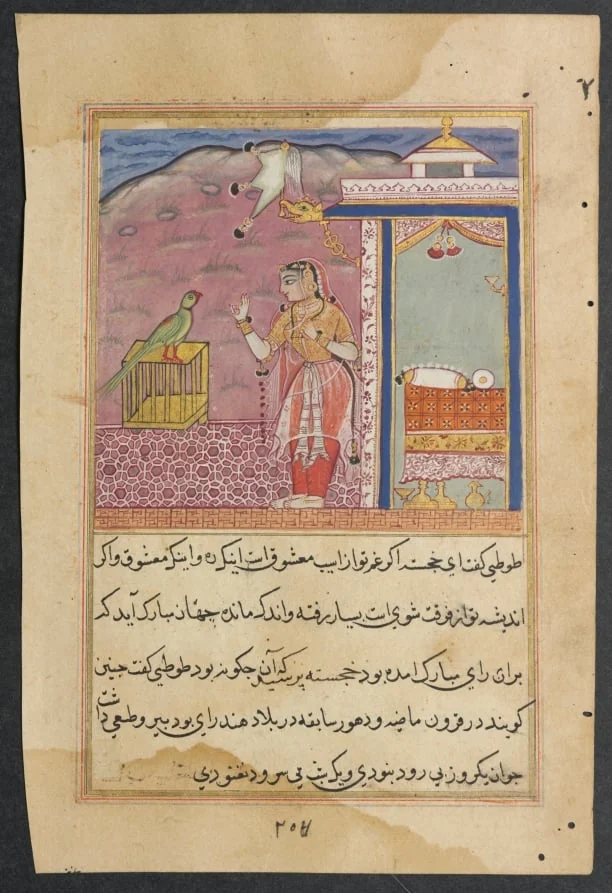 The parrot addresses Khujasta at the beginning of the forty-fourth night, from a Tuti-nama (Tales of a Parrot)