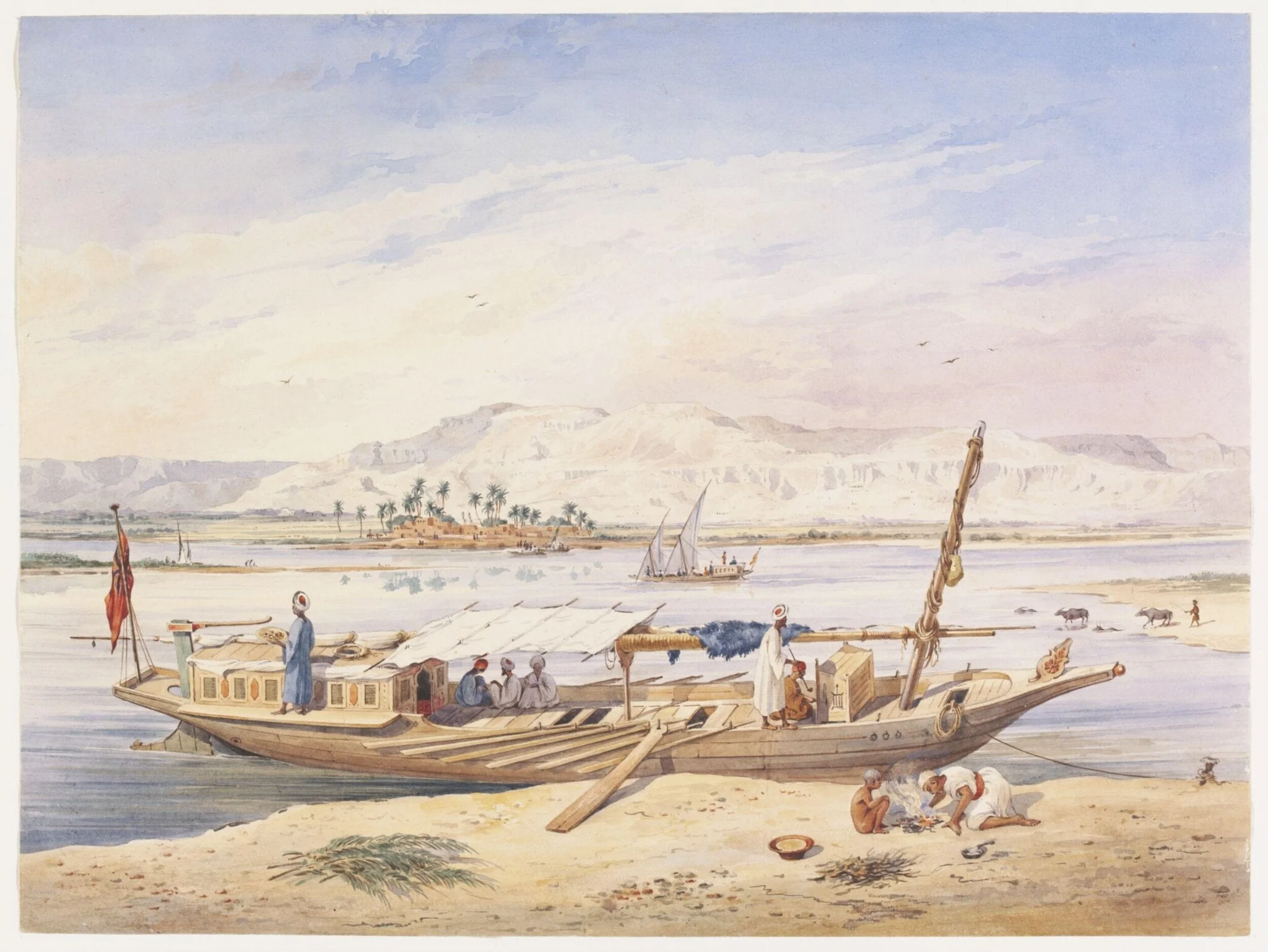 J.W.P.'s Kanja moored beside the East bank of the Nile at Luxor, by Achille-Constant-Théodore-Emile Prisse d'Avennes, watercolor, 1840