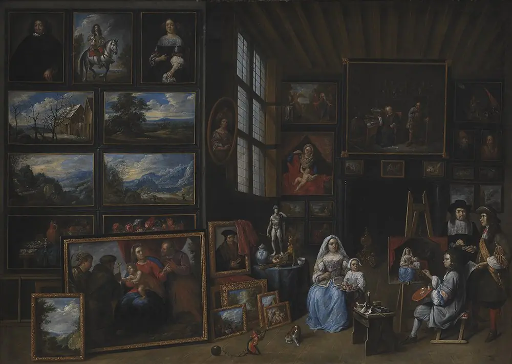 Et billedgalleri med en kunstner, der maler en kvinde og en pige. Allegori over malerkunsten