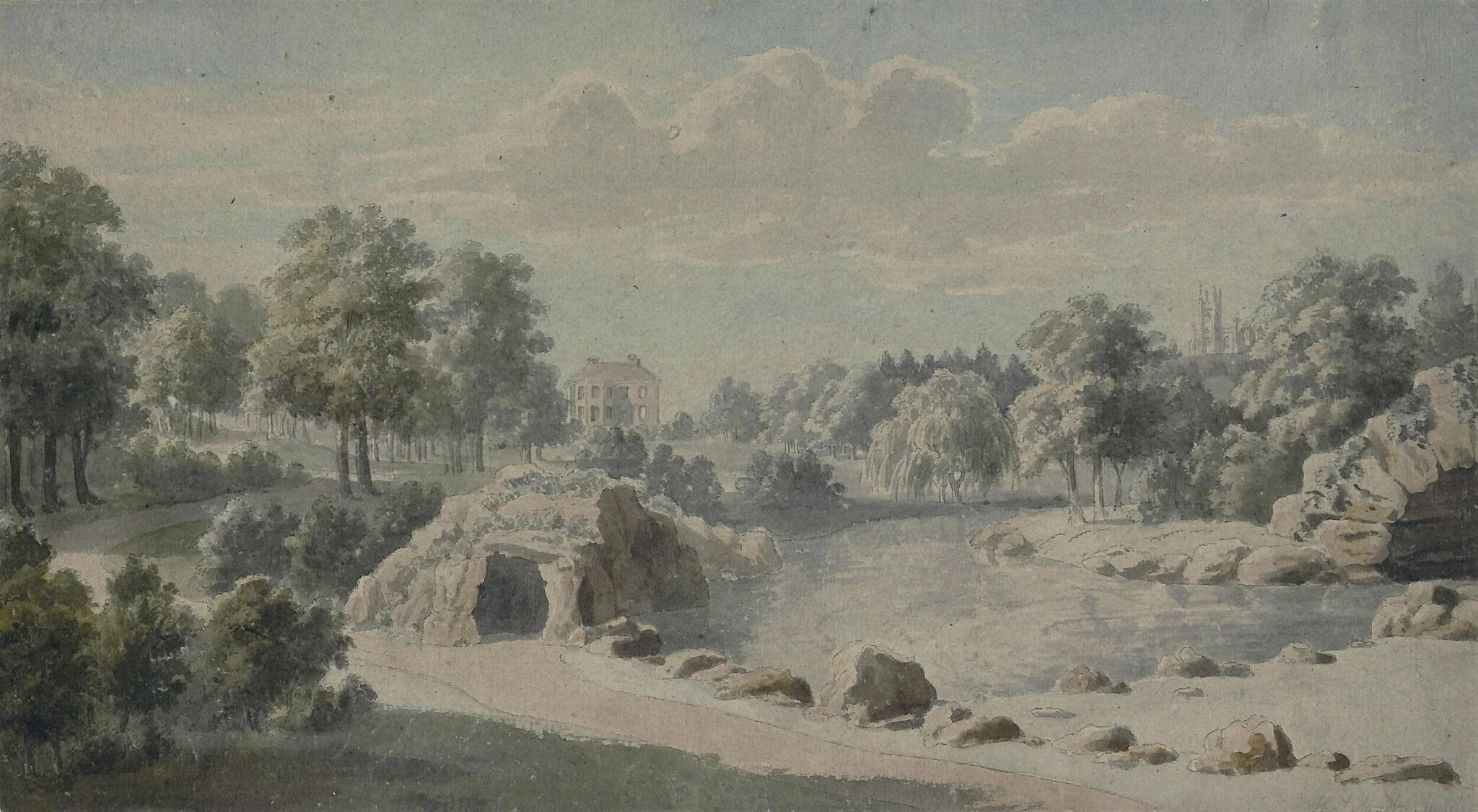 Park Landscape with House, Church, and Ornamental Water