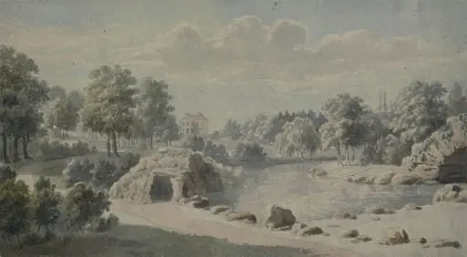 Park Landscape with House, Church, and Ornamental Water
