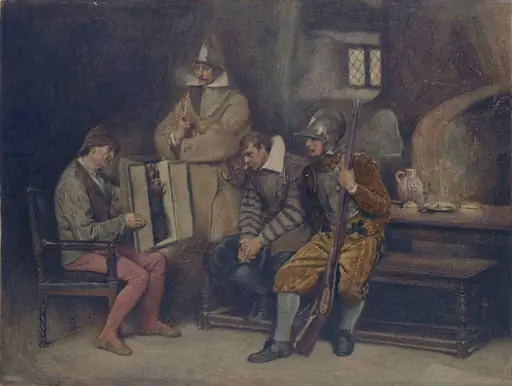 The Reliquary : An old man exhibiting a group of the Virgin and Child to Spanish soldiers