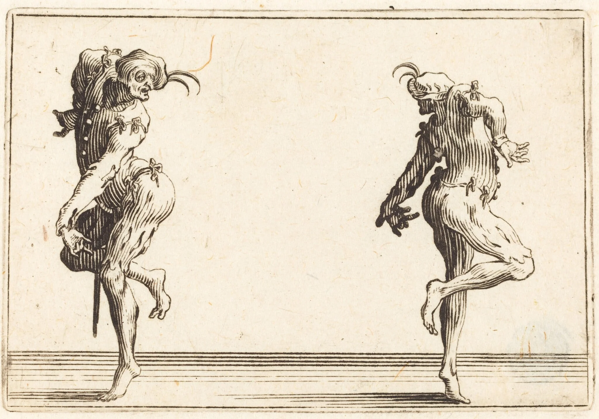 Two Pantaloons Dancing, by Jacques Callot, ink, 1622