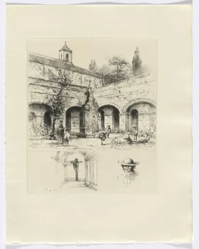 Frédéric Mistral: Mémoires et Recits by Frédéric Mistral: figures in a cloister/ crucifix and bust of a man (insert after p. 56)