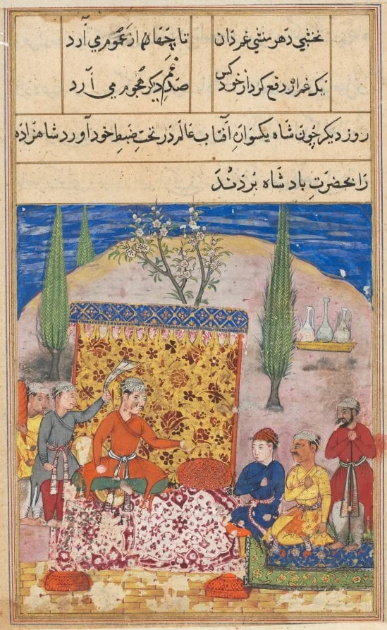 The young prince is presented to the king, his father, by his teacher, but refuses to speak, from a Tuti-nama (Tales of a Parrot): Eighth Night, by Unknown, unspecified, 1560