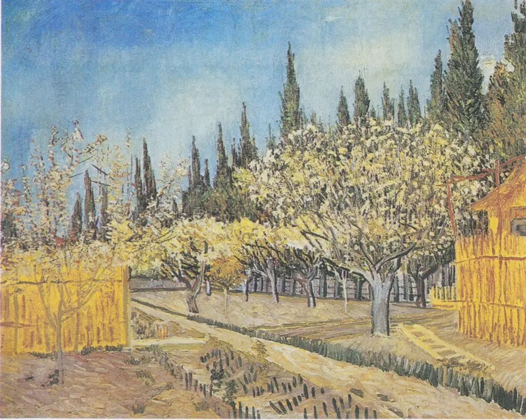 Orchard in Blossom, Bordered by Cypresses