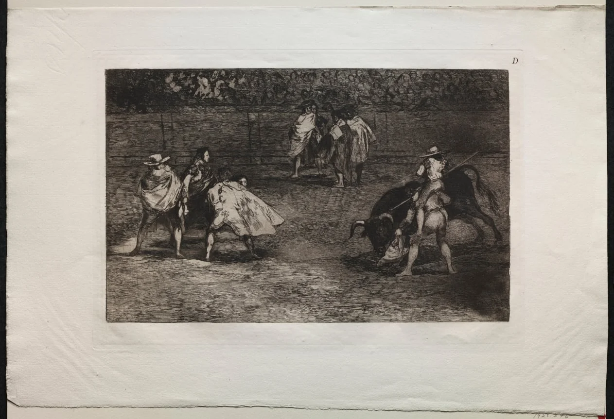 Bullfights:  A Bullfighter Mounted on the Shoulders of an Assistant, Spearing a Bull, by Francisco Goya, 1816