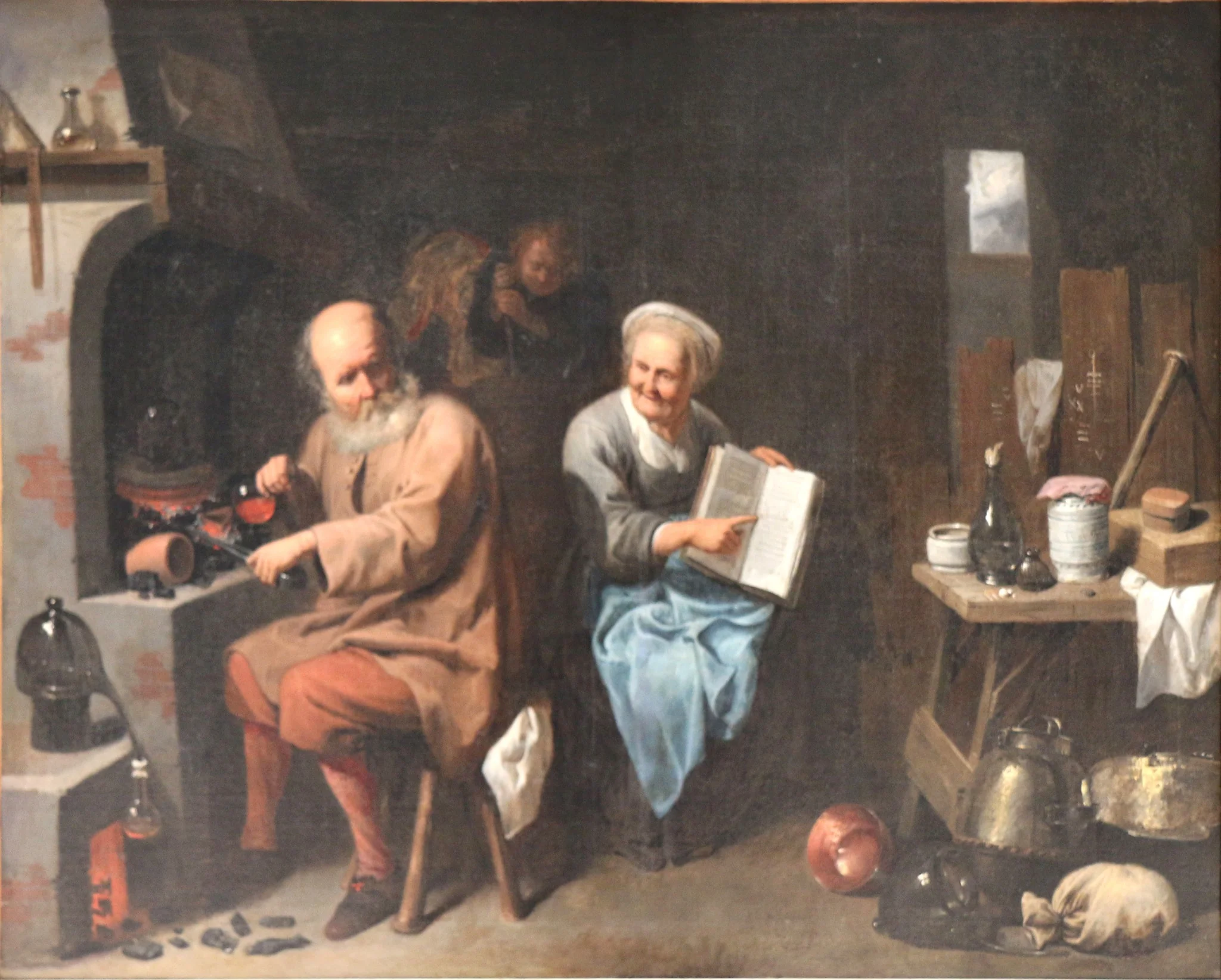 Alchimiste dans son laboratoire, by David Ryckaert III, oil, 1648