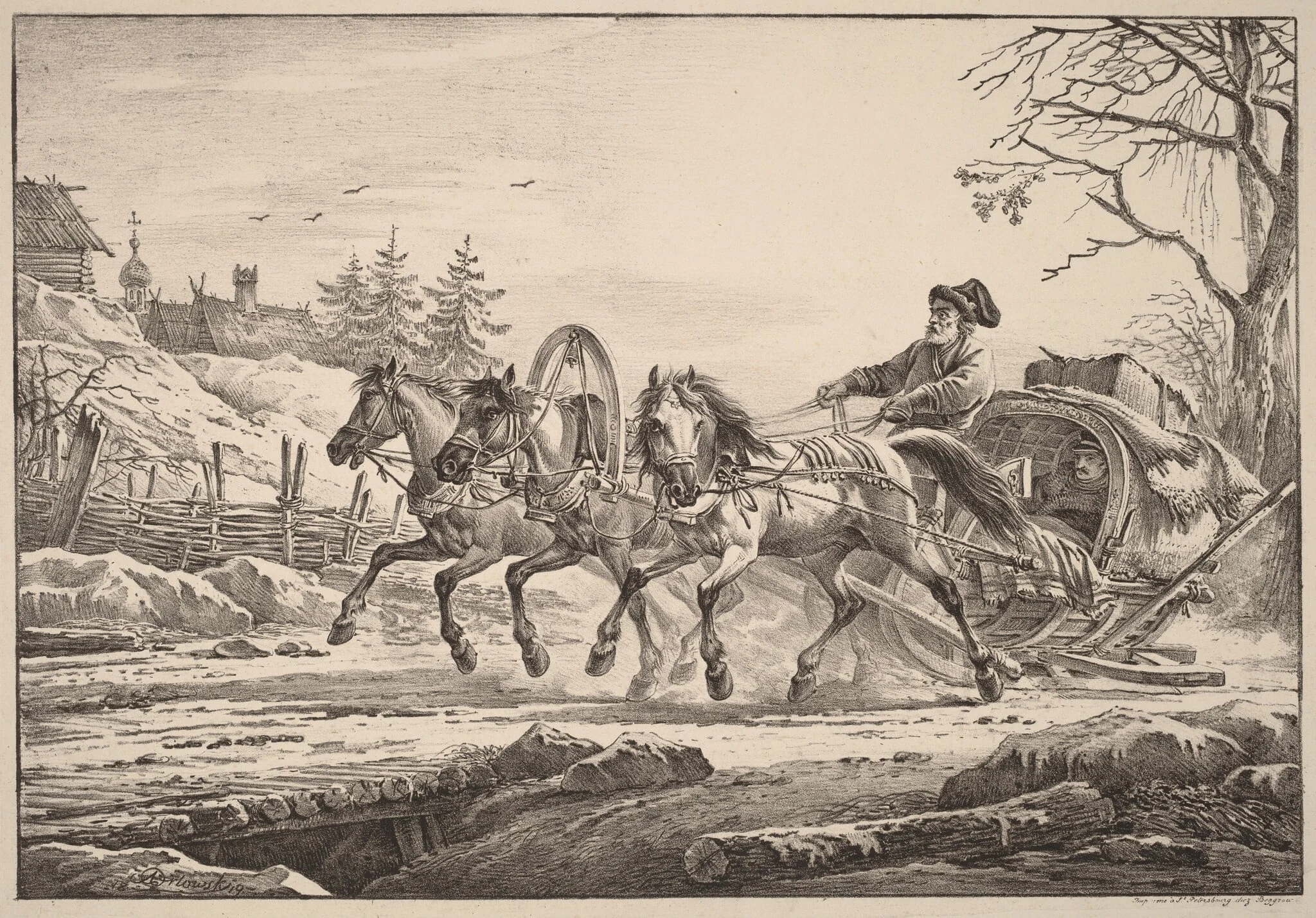 A Hired Coachman in Winter, by Aleksandr Osipovich Orlovskii, ink, 1820