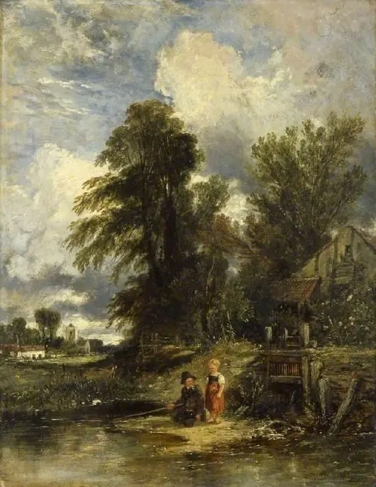 Millpond with children fishing