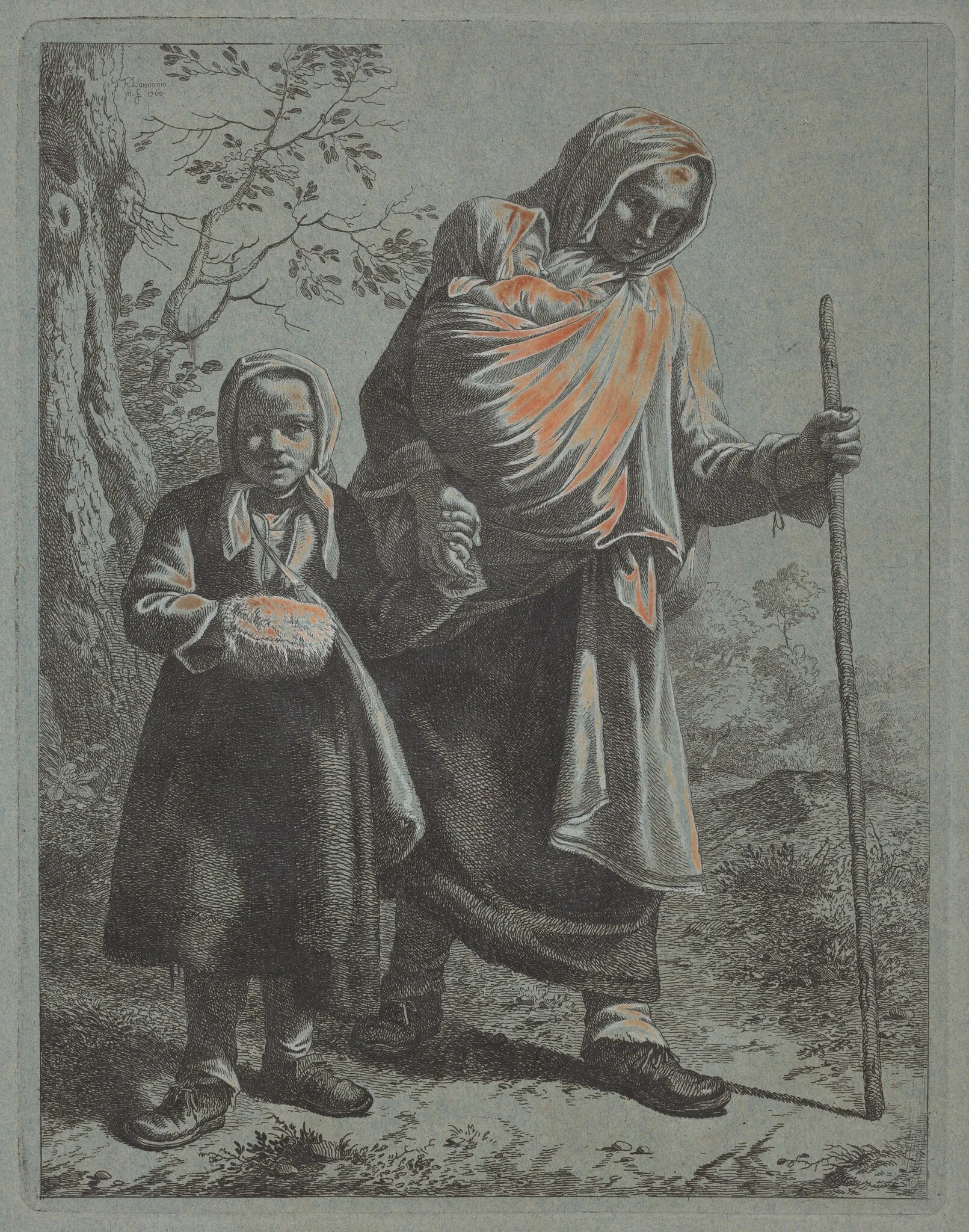 Peasant Woman with Baby and Little Girl, by Francesco Londonio, gouache, 1762
